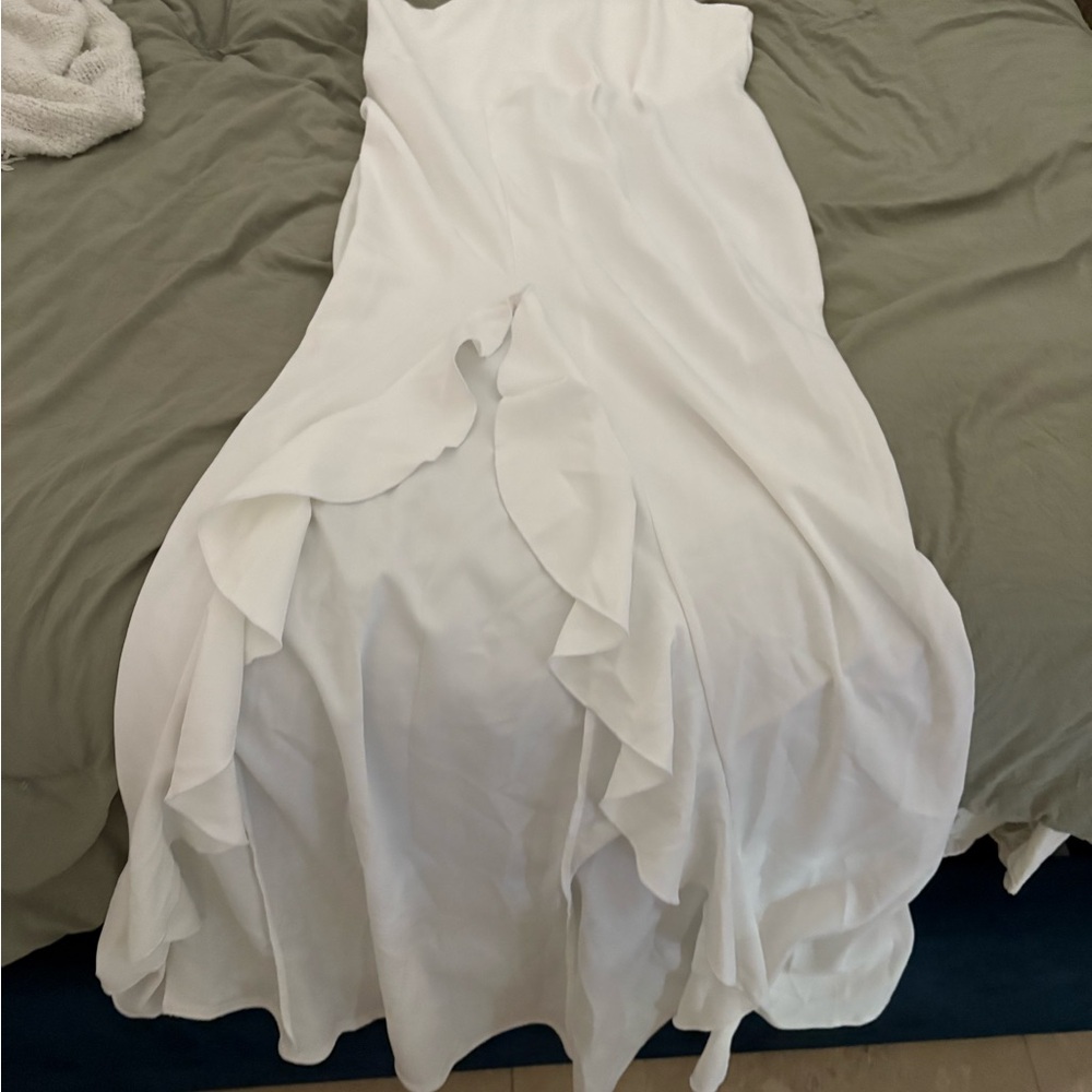 PrettyLittleThing White Ruffle Prom Dress
